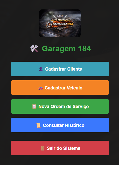 Dashboard do Sistema Garagem 184 PRO